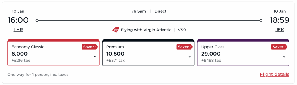 London- New York in all classes, booking with Virgin Atlantic.